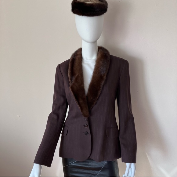 VTG George Rech Paris brown wool pinstripe blazer w/mink lapel. - Picture 1 of 10
